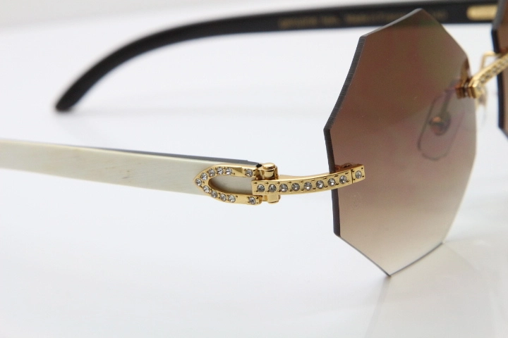 Cartier Rimless Smaller Big Stones 4189706 White Black Buffalo Horn Sunglasses in Gold Brown Lens