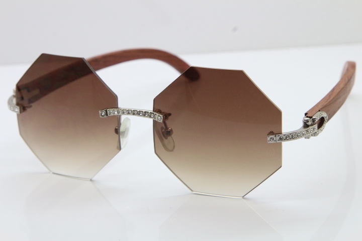 Wholesale High-end brand Cartier Rimless Smaller Big Stones 4189706 Wood Sunglasses in Gold Brown Lens