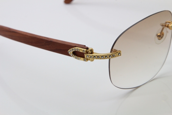 Cartier Rimless Smaller Big Stones T8100928 Wood Sunglasses in Gold Brown Lens