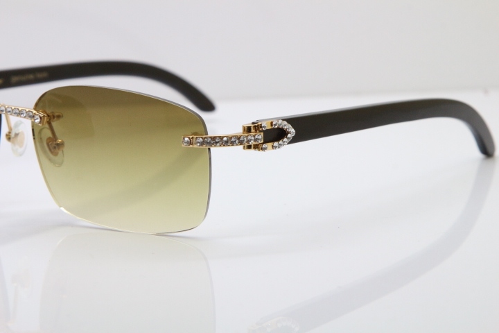 2018 New Cartier Rimless Smaller Big Stones Original Black Buffalo Horn Sunglasses in 8200759A Gold Brown Lens 8200760 Silver Brown Lens