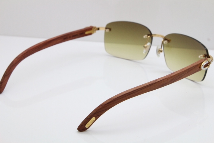 2018 New Cartier Rimless Smaller Big Stones 8200759A Original Wood Sunglasses in Gold Dark Lens