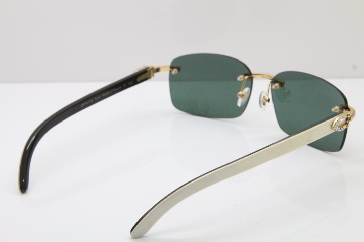 2018 New Cartier Rimless Smaller Big Stones 8200759A Original Black Mix White Buffalo Horn Sunglasses in Gold Brown Lens