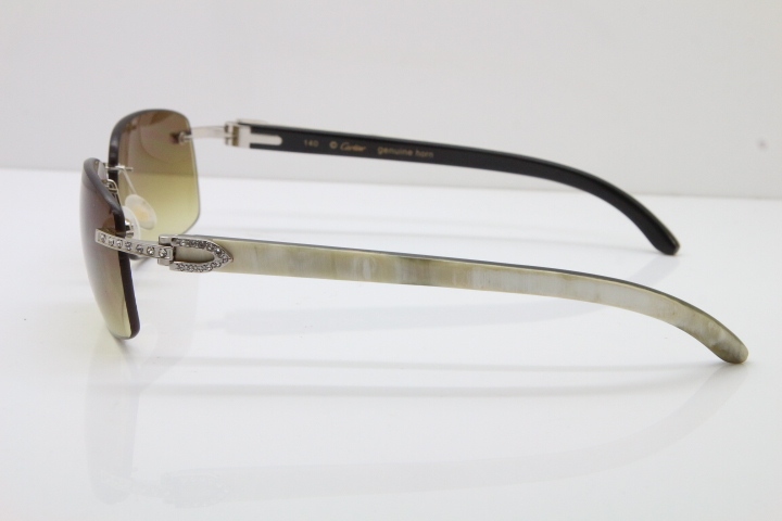 Cartier Rimless Smaller Big Stones T8200497 Black Mix WHite Buffalo Horn Sunglasses in Gold Brown Lens