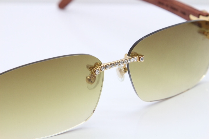 2018 New Cartier Rimless Smaller Big Stones 8200759A Original Wood Sunglasses in Gold Dark Lens