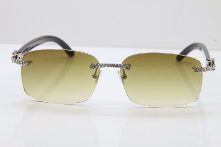 2018 New Cartier Rimless Smaller Big Stones 8200759A Original Black Mix White Buffalo Horn Sunglasses in Gold Brown Lens