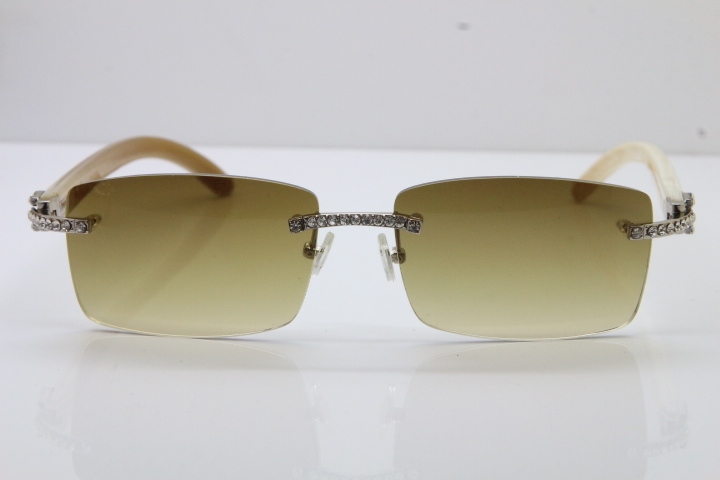 2018 New Cartier Rimless Smaller Big Stones 3524012A Original White Buffalo Horn Sunglasses in Gold Brown Lens