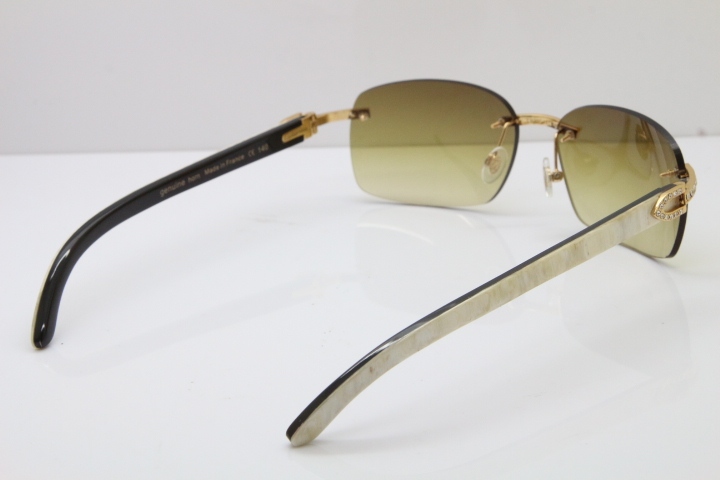 Cartier Rimless Smaller Big Stones T8200497 Black Mix WHite Buffalo Horn Sunglasses in Gold Brown Lens