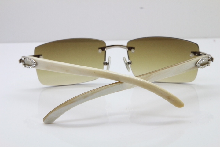 2018 New Cartier Rimless Smaller Big Stones 3524012A Original White Buffalo Horn Sunglasses in Gold Brown Lens