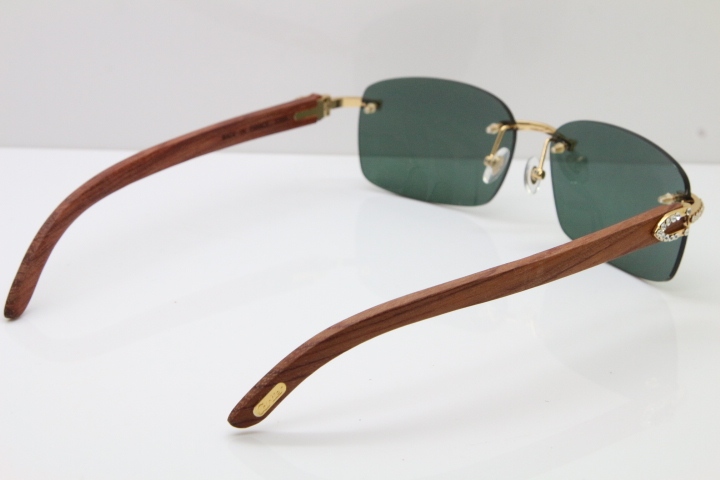 2018 New Cartier Rimless Smaller Big Stones 8200759A Original Wood Sunglasses in Gold Dark Lens