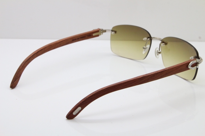 2018 New Cartier Rimless Smaller Big Stones 8200759A Original Wood Sunglasses in Gold Dark Lens