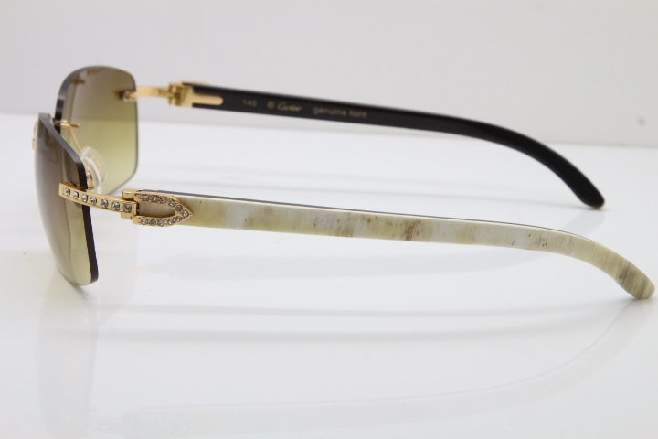 Cartier Rimless Smaller Big Stones T8200497 Black Mix WHite Buffalo Horn Sunglasses in Gold Brown Lens