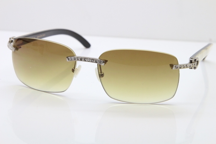 Cartier Rimless Smaller Big Stones T8200497 Black Mix WHite Buffalo Horn Sunglasses in Gold Brown Lens