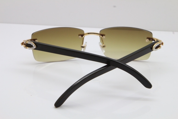 2018 New Cartier Rimless Smaller Big Stones 3524012A Original Black Buffalo Horn Sunglasses in Gold Brown Lens