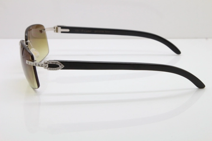 Cartier Rimless Smaller Big Stones T8200497 Black Buffalo Horn Sunglasses in Gold Brown Lens