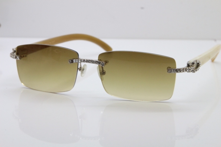 2018 New Cartier Rimless Smaller Big Stones 3524012A Original White Buffalo Horn Sunglasses in Gold Brown Lens