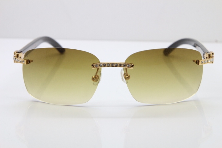 Cartier Rimless Smaller Big Stones T8200497 Black Mix WHite Buffalo Horn Sunglasses in Gold Brown Lens