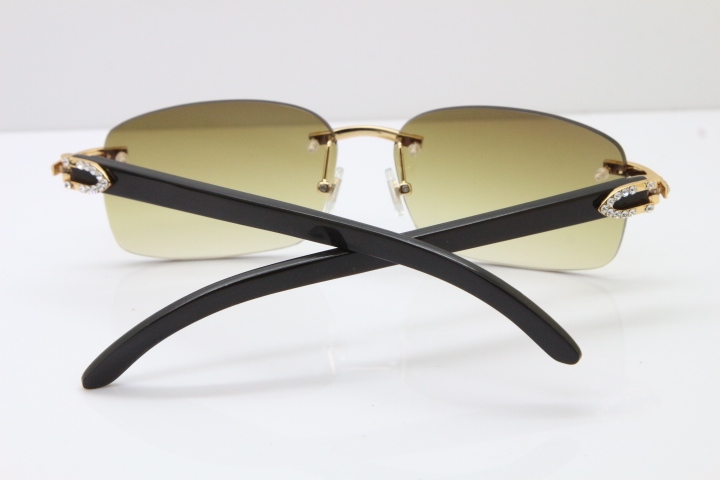 2018 New Cartier Rimless Smaller Big Stones Original Black Buffalo Horn Sunglasses in 8200759A Gold Brown Lens 8200760 Silver Brown Lens