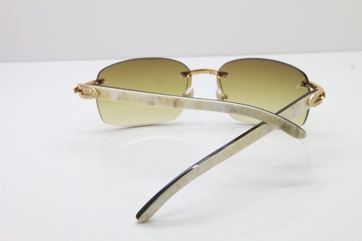 Cartier Rimless Smaller Big Stones T8200497 Black Mix WHite Buffalo Horn Sunglasses in Gold Brown Lens