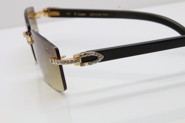 2018 New Cartier Rimless Smaller Big Stones 3524012A Original Black Buffalo Horn Sunglasses in Gold Brown Lens