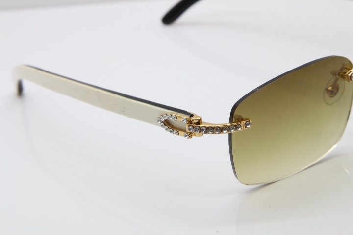 2018 New Cartier Rimless Smaller Big Stones 8200759A Original Black Mix White Buffalo Horn Sunglasses in Gold Brown Lens