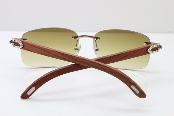 2018 New Cartier Rimless Smaller Big Stones 8200759A Original Wood Sunglasses in Gold Dark Lens