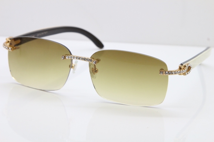 2018 New Cartier Rimless Smaller Big Stones 8200759A Original Black Mix White Buffalo Horn Sunglasses in Gold Brown Lens