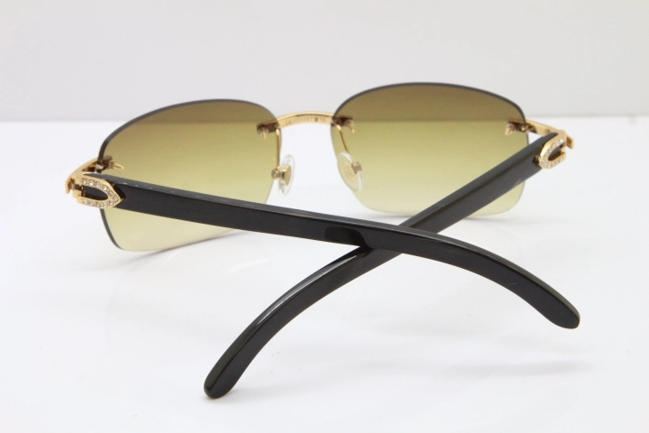 Cartier Rimless Smaller Big Stones T8200497 Black Buffalo Horn Sunglasses in Gold Brown Lens