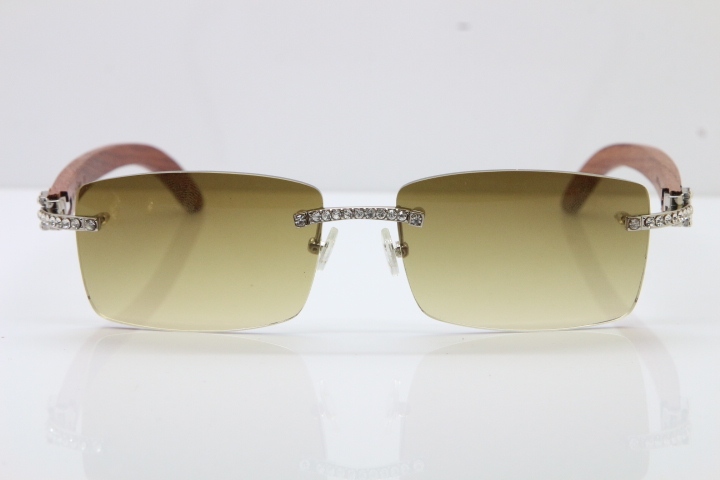 2018 New Cartier Rimless Smaller Big Stones 3524012A Original Carved Wood Trimming Lens Sunglasses in Gold Brown Lens