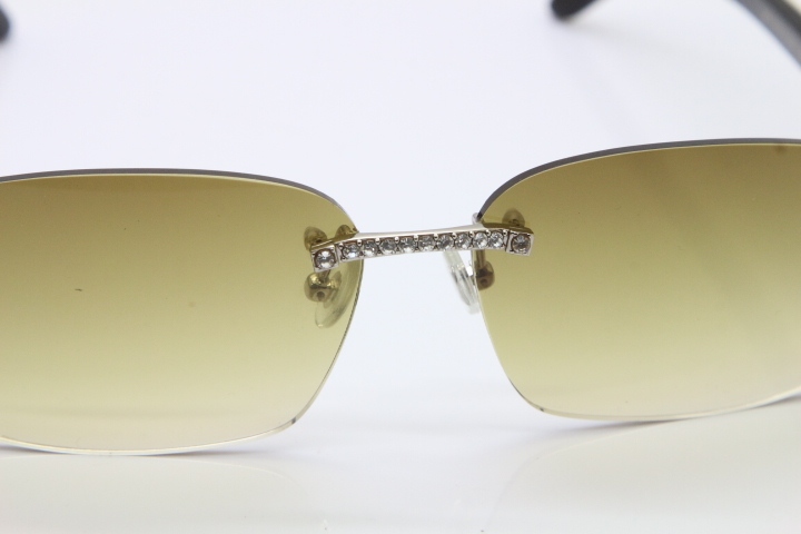 2018 New Cartier Rimless Smaller Big Stones 8200759A Original Black Mix White Buffalo Horn Sunglasses in Gold Brown Lens