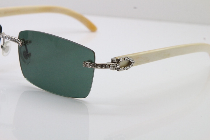 2018 New Cartier Rimless Smaller Big Stones 3524012A Original White Buffalo Horn Sunglasses in Gold Brown Lens