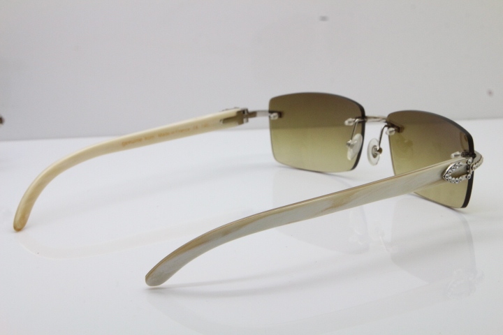 2018 New Cartier Rimless Smaller Big Stones 3524012A Original White Buffalo Horn Sunglasses in Gold Brown Lens