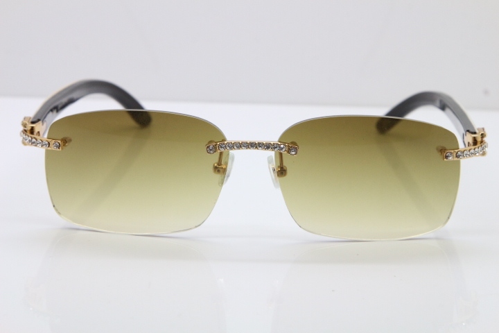 2018 New Cartier Rimless Smaller Big Stones 8200759A Original Black Mix White Buffalo Horn Sunglasses in Gold Brown Lens