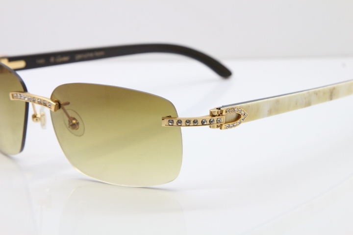 Cartier Rimless Smaller Big Stones T8200497 Black Mix WHite Buffalo Horn Sunglasses in Gold Brown Lens