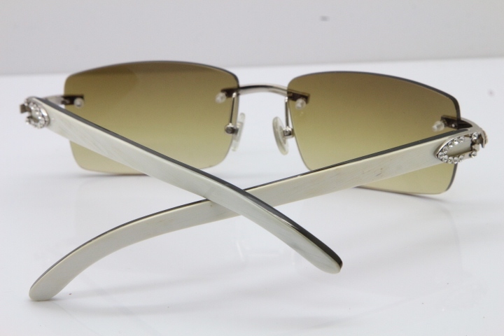 2018 New Cartier Rimless Smaller Big Stones 3524012A Original Black White Buffalo Horn Sunglasses in Gold Brown Lens （Limited edition）