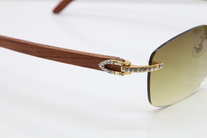 2018 New Cartier Rimless Smaller Big Stones 8200759A Original Wood Sunglasses in Gold Dark Lens