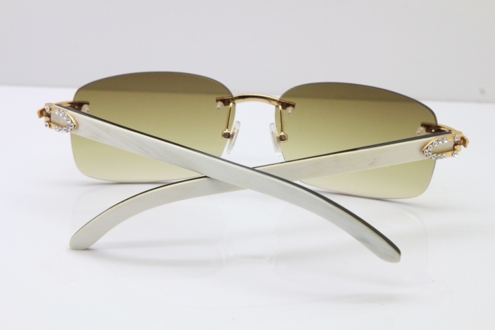 2018 New Cartier Rimless Smaller Big Stones 8200759A Original Black Mix White Buffalo Horn Sunglasses in Gold Brown Lens