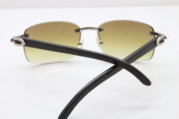 Cartier Rimless Smaller Big Stones T8200497 Black Buffalo Horn Sunglasses in Silver Brown Lens