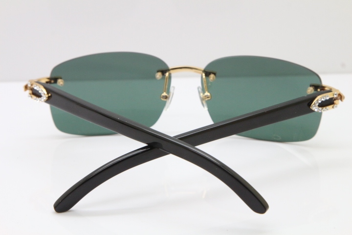 2018 New Cartier Rimless Smaller Big Stones Original Black Buffalo Horn Sunglasses in 8200759A Gold Brown Lens 8200760 Silver Brown Lens