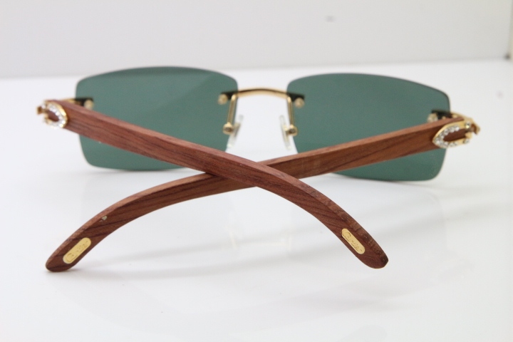 2018 New Cartier Rimless Smaller Big Stones 3524012A Original Carved Wood Trimming Lens Sunglasses in Gold Brown Lens