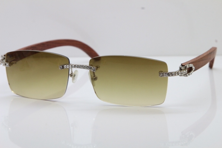 2018 New Cartier Rimless Smaller Big Stones 3524012A Original Carved Wood Trimming Lens Sunglasses in Gold Brown Lens