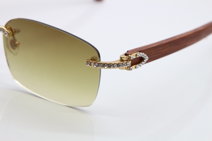 2018 New Cartier Rimless Smaller Big Stones 8200759A Original Wood Sunglasses in Gold Dark Lens