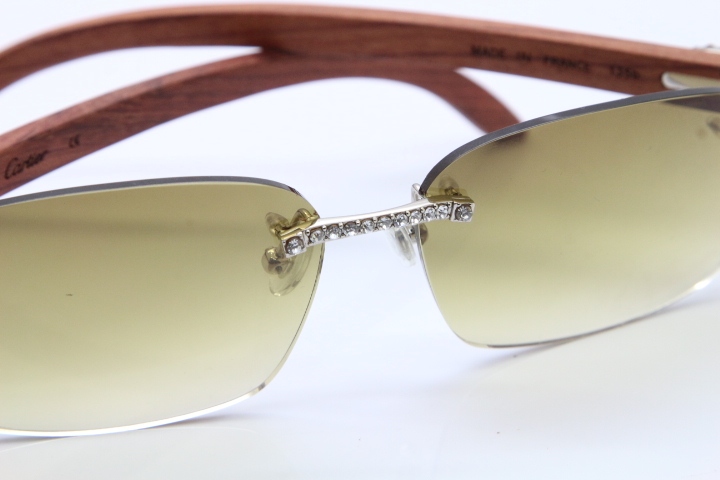 2018 New Cartier Rimless Smaller Big Stones 8200759A Original Wood Sunglasses in Gold Dark Lens