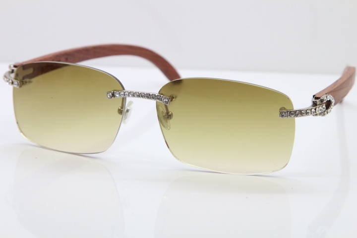 2018 New Cartier Rimless Smaller Big Stones 8200759A Original Wood Sunglasses in Gold Dark Lens