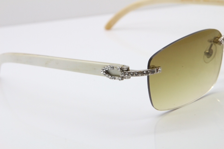 2018 New Cartier Rimless Smaller Big Stones 8200759A Original White Genuine Buffalo Horn Sunglasses in Gold Brown Lens