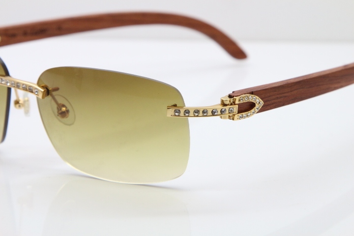 Cartier Rimless Smaller Big Stones T8200497 Wood Sunglasses in Gold Brown Lens