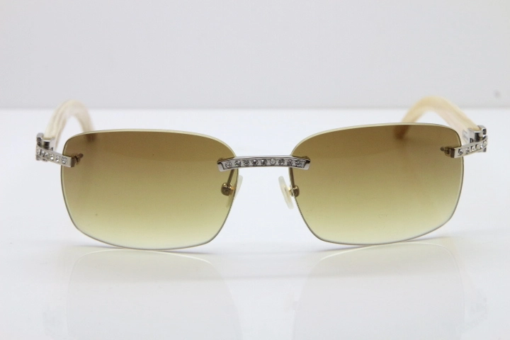 Cartier Rimless Smaller Big Stones T8200497 White Buffalo Horn Sunglasses in Silver Brown Lens