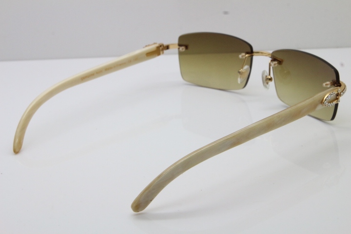 2018 New Cartier Rimless Smaller Big Stones 3524012A Original White Buffalo Horn Sunglasses in Gold Brown Lens