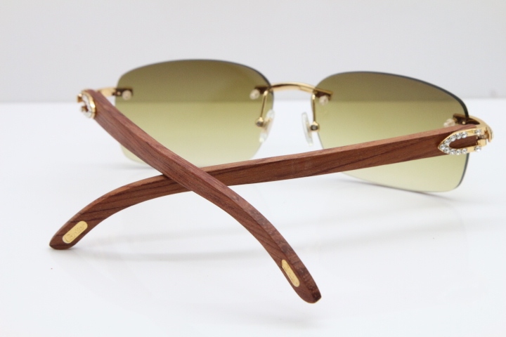 2018 New Cartier Rimless Smaller Big Stones 8200759A Original Wood Sunglasses in Gold Dark Lens