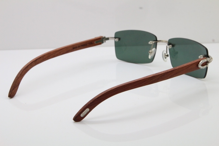 2018 New Cartier Rimless Smaller Big Stones 3524012A Original Carved Wood Trimming Lens Sunglasses in Gold Brown Lens