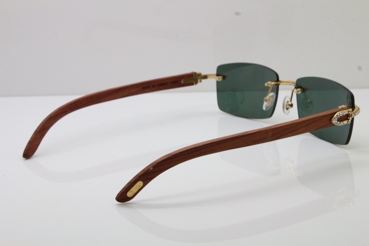 2018 New Cartier Rimless Smaller Big Stones 3524012A Original Carved Wood Trimming Lens Sunglasses in Gold Brown Lens